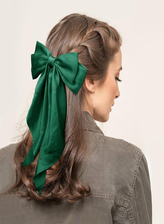 TULOBI Large Silky Satin Bows 3Pcs Green Hair Ribbons for Women - Cute Coquette Bow Clips with Long Tails and Ponytail Barrettes - Image 2